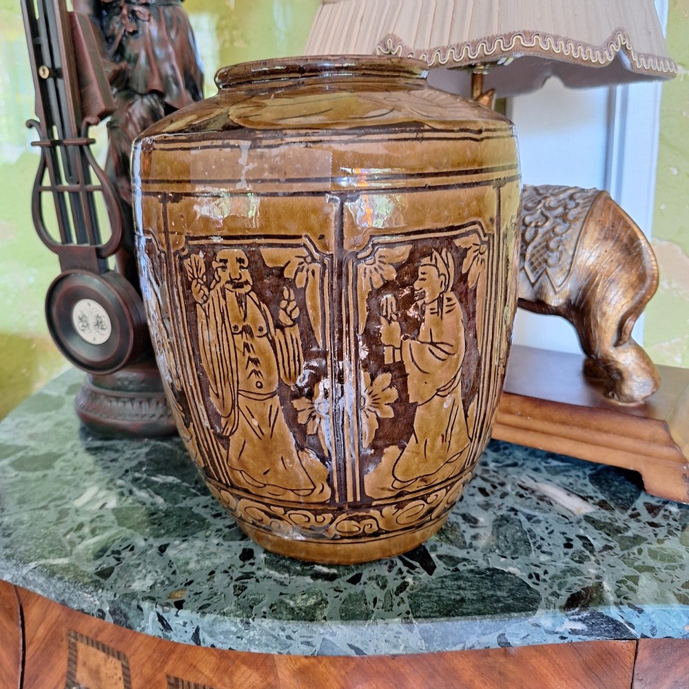 Vintg Chinese Eight Immortals Vase Brown Ochre Glaze Relief‎ Makou Hubei Pottery